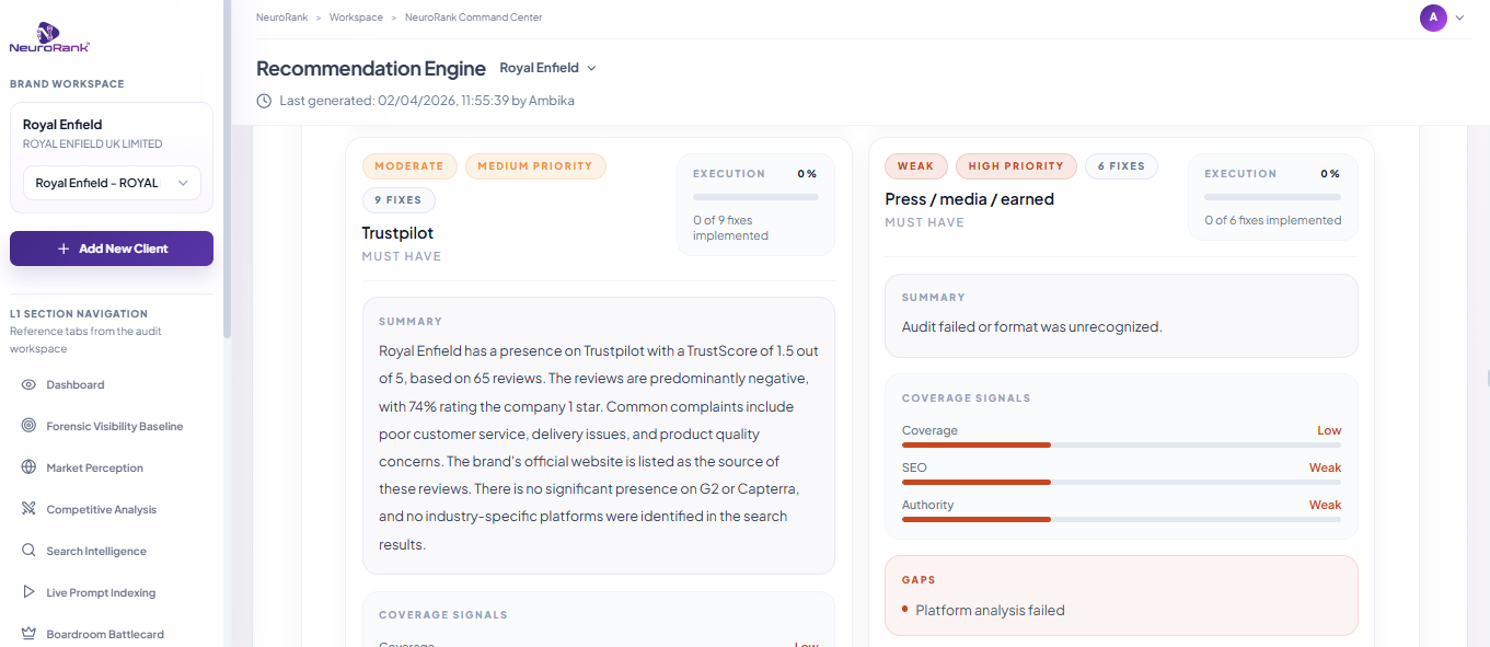 Recommendation Engine view (90 fixes surfaced for one prompt) 
