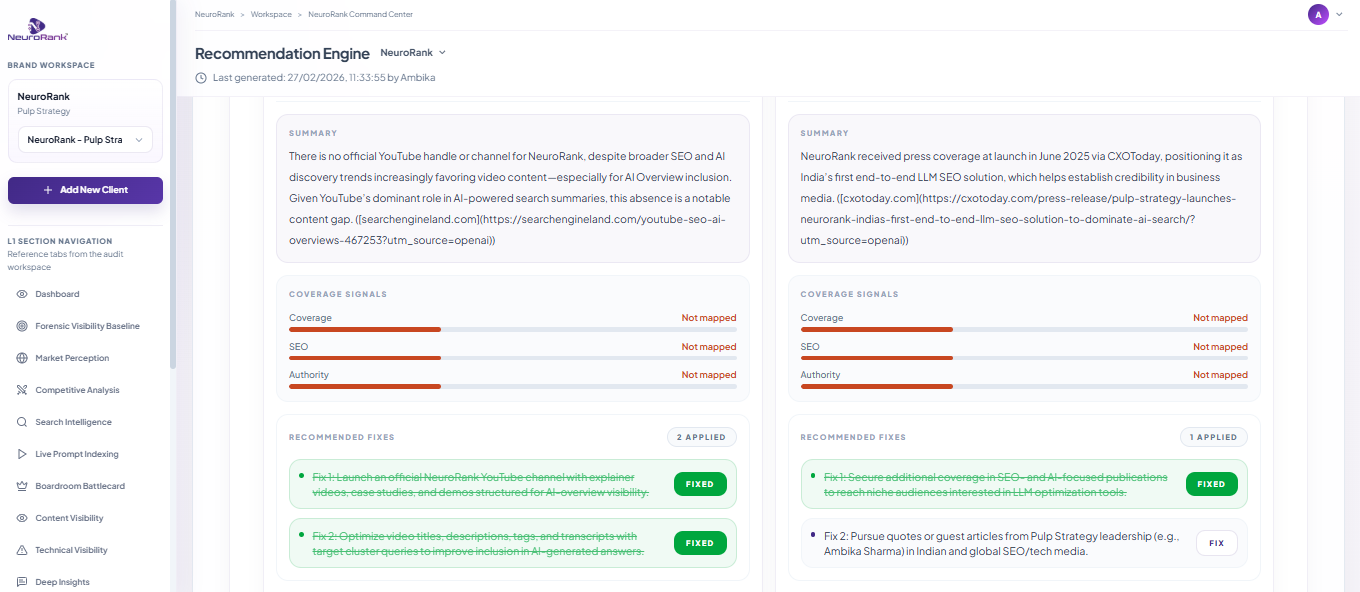 Recommendation Engine detail view: priority-ranked fixes per prompt with source URLs 
